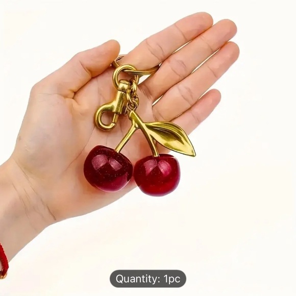 Cherry Keychain Charm - Resin 🍒 with Gold-Tone Metal Clip for Handbag and Purse - Picture 2 of 9